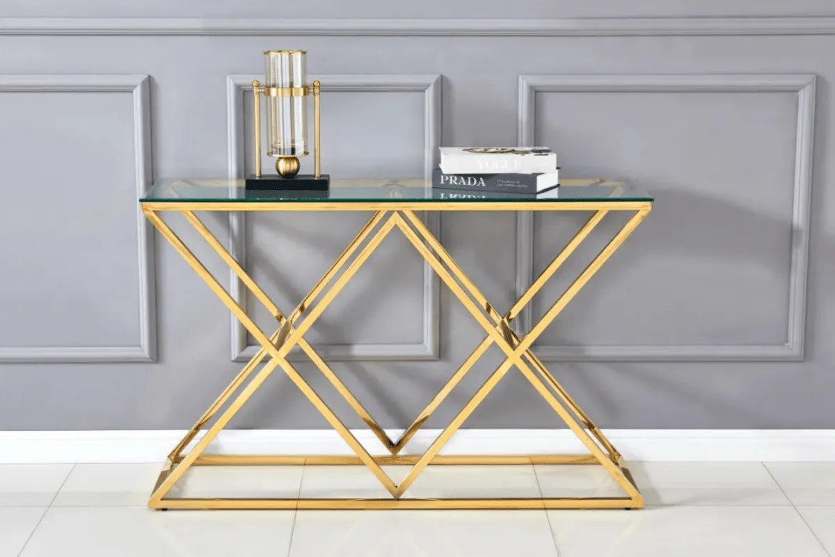 Console Triangle Transparent Pieds Dore 120x40 CM
