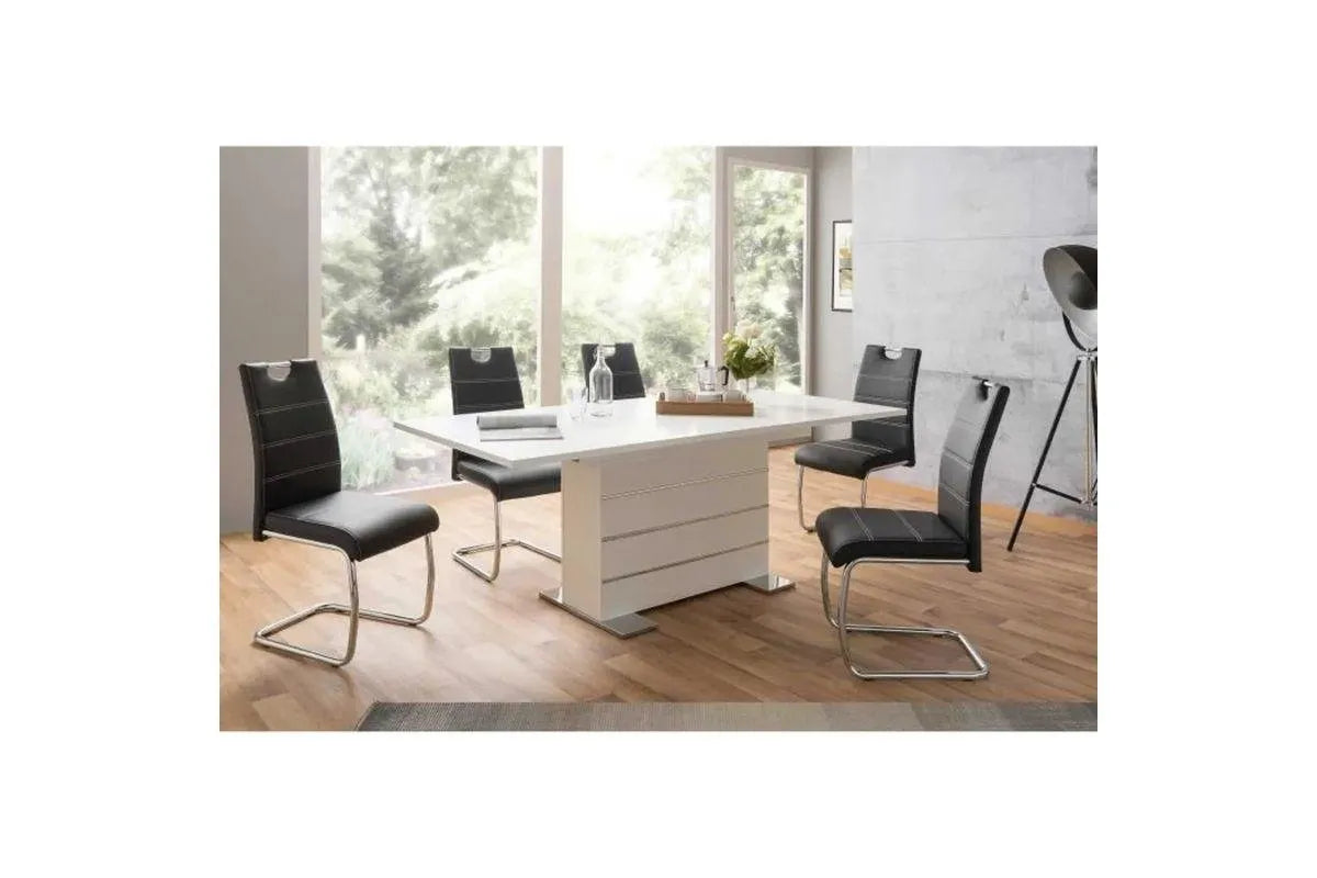 Extension de salle é manger W avec 6 chaises de table laquées blanches et chromées