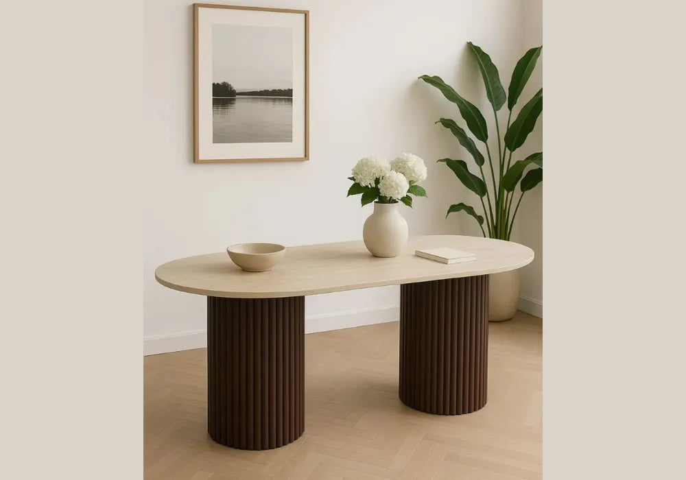 TABLE A MANGER KEYSHA PIED TRAVERTIN PLATEAU CERAMIQUE TRAVERTIN MAT