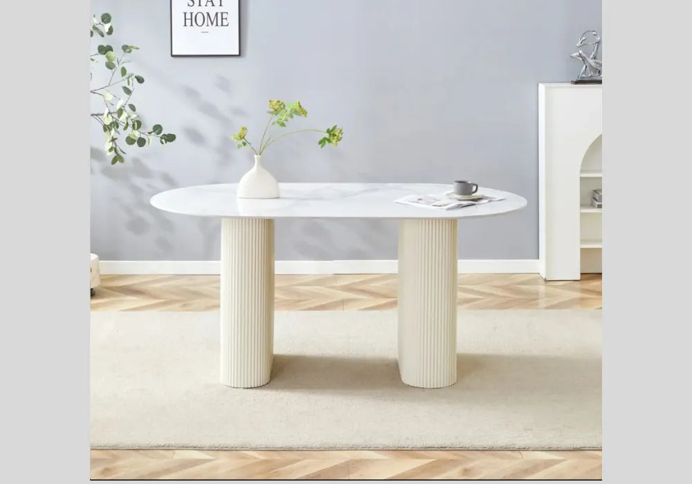 TABLE A MANGER SELENA PIED BEIGE PLATEAU CERAMIQUE MARBRE BLANC