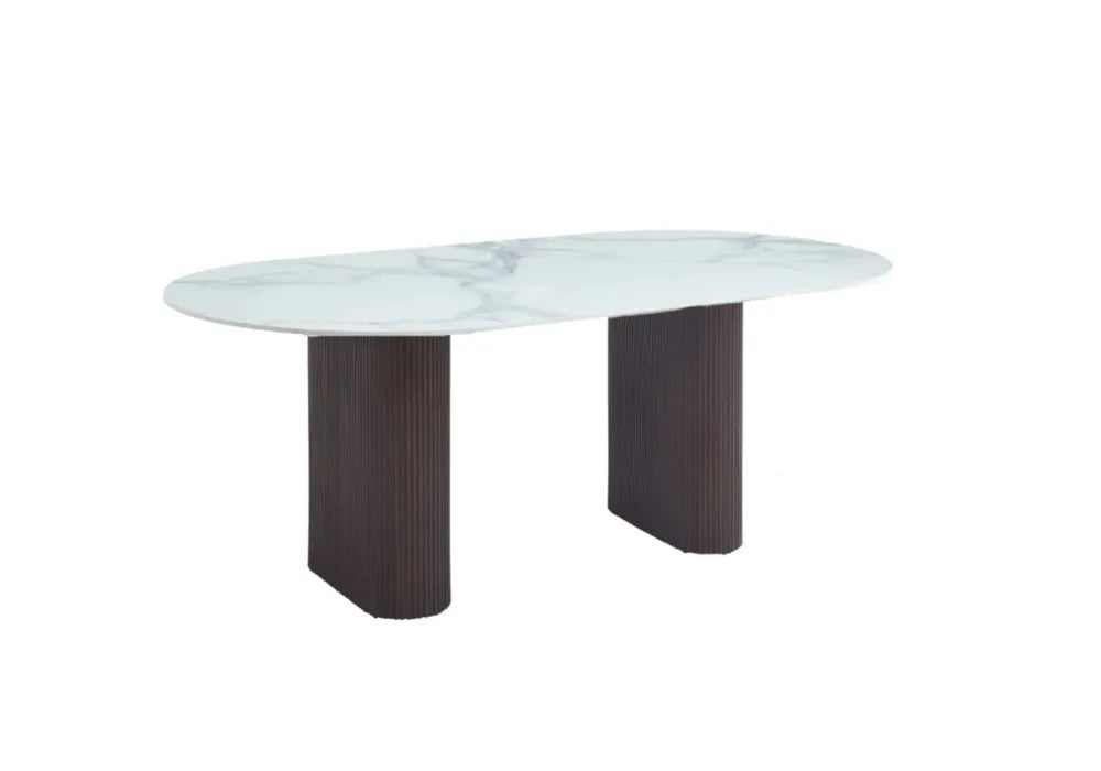 TABLE A MANGER ROXY PIED METAL EFFET NOYER CERAMIQUE MARBRE BLANC