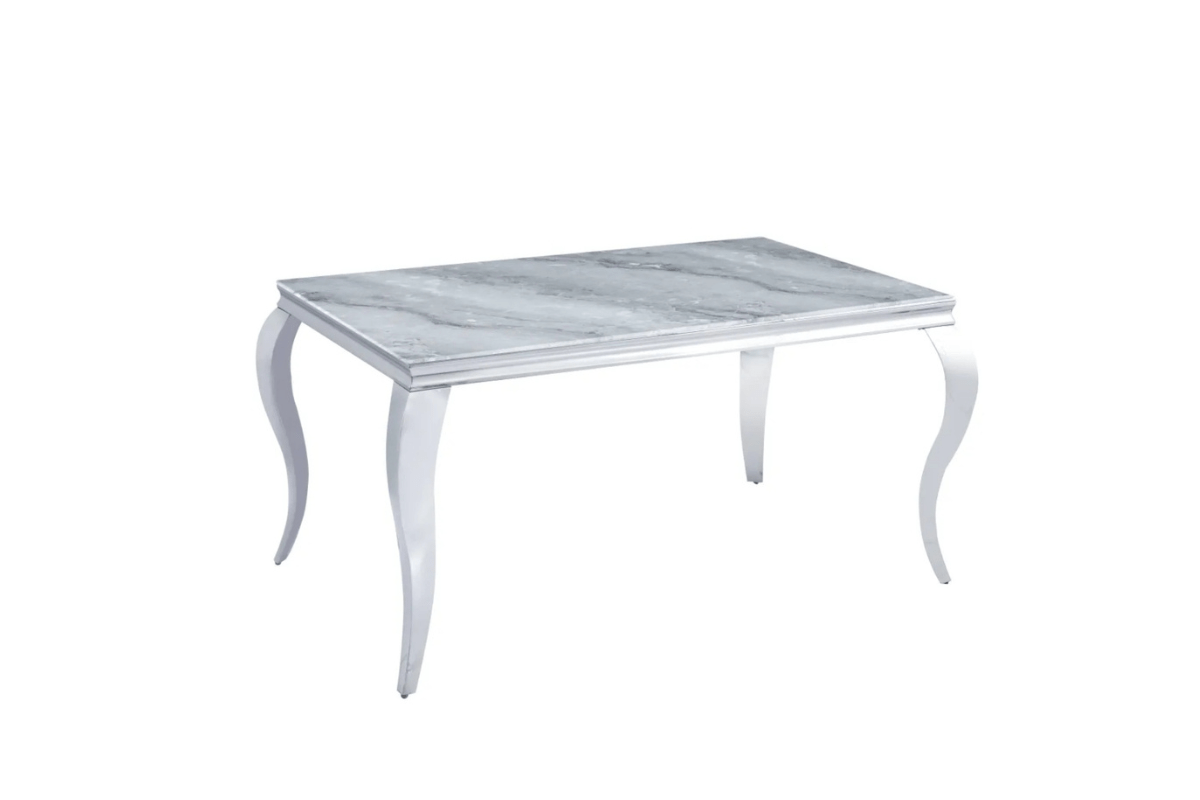 Table Repas Baroque Pieds Chrome Marbre Greige