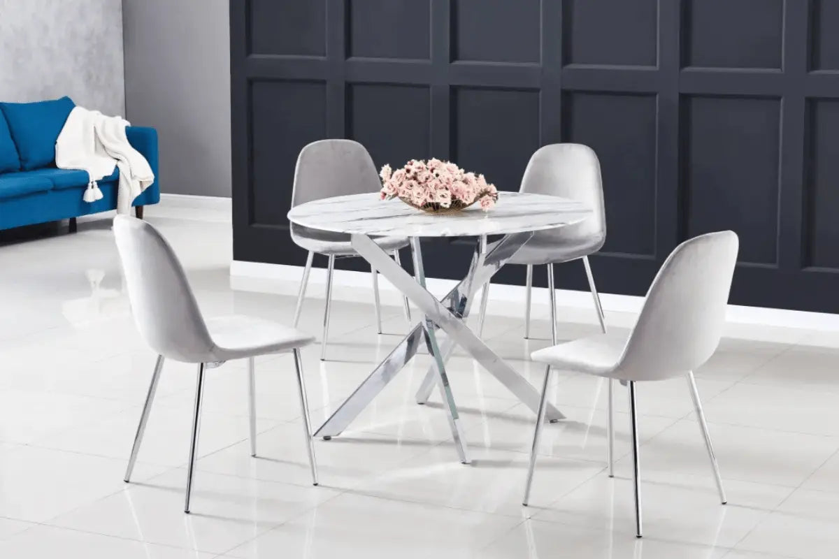 Table Repas Jessica Marbre Blanc Pieds Chrome Swedzo-Meuble