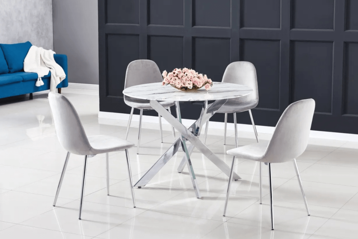 Table Repas Jessica Marbre Blanc Pieds Chrome