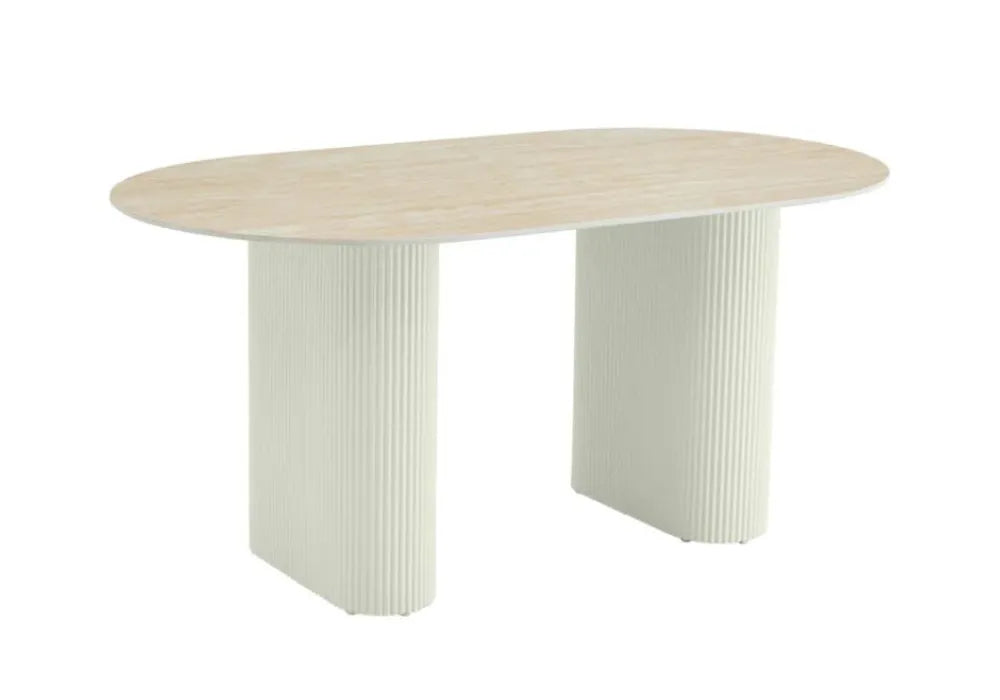 TABLE A MANGER SELENA PIED BEIGE PLATEAU CERAMIQUE TRAVERTIN MAT 180x90cm