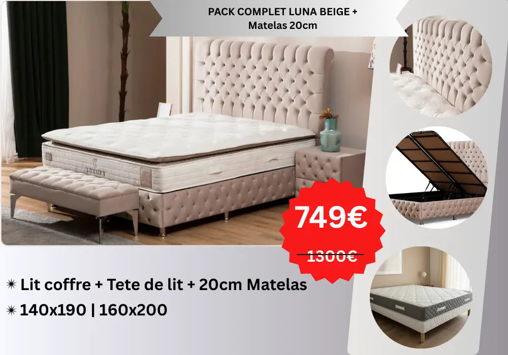 PACK COMPLET LUNA ANTHRACITE ET BEIGE+ Matelas 20cm Swedzo-Meuble