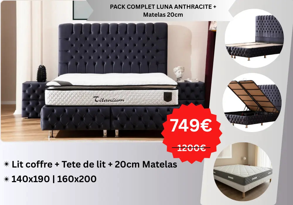 PACK COMPLET LUNA ANTHRACITE ET BEIGE+ Matelas 20cm Swedzo-Meuble