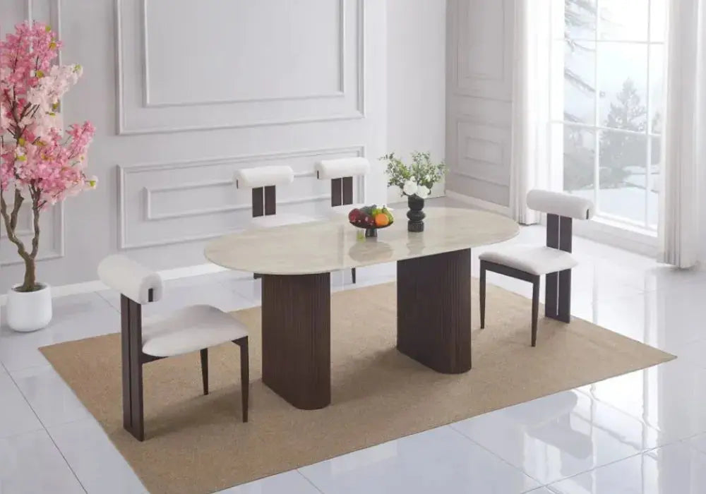 TABLE A MANGER ROXY PIED METAL EFFET NOYER CERAMIQUE TRAVERTIN MAT Swedzo-Meuble
