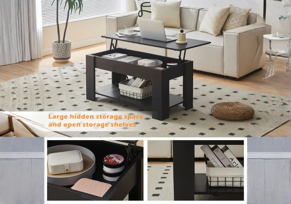 Table basse moderne à plateau relevable avec rangement dissimulé et étagère ouverte Swedzo-Meuble