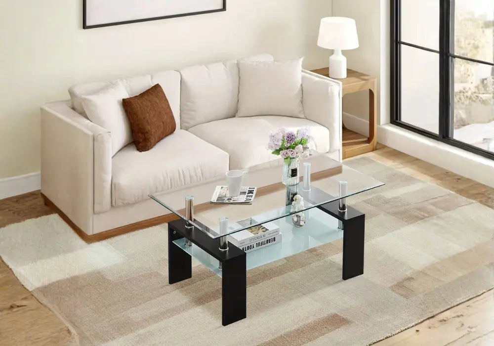 Table basse moderne à deux niveaux en verre trempé avec pieds en MDF noir Swedzo-Meuble