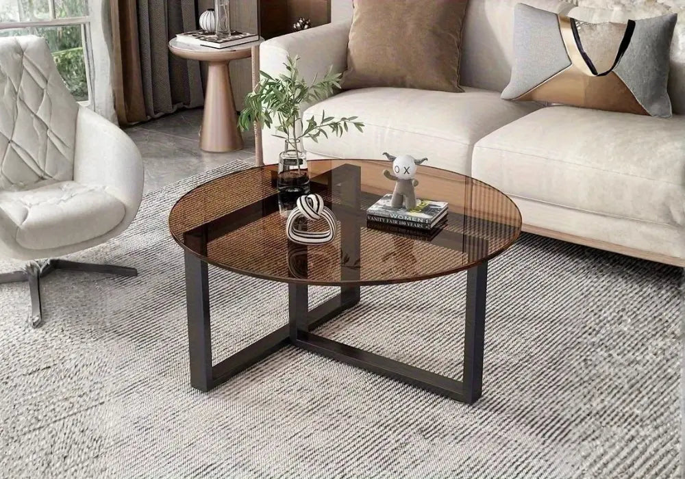 Table basse en verre teinté ambré avec piètement croisé noir mat Swedzo-Meuble