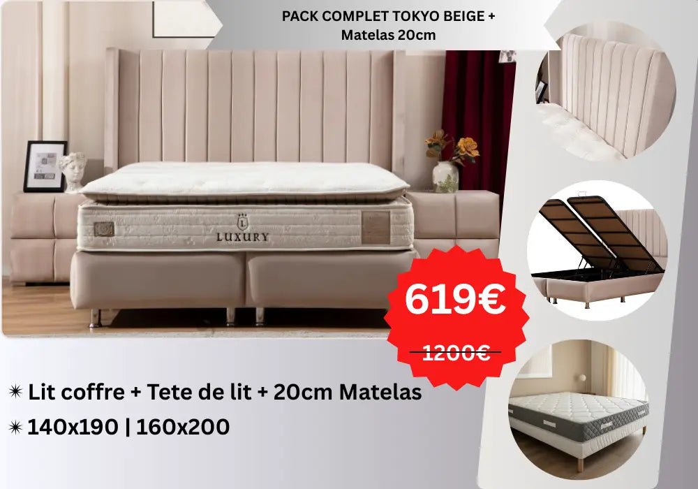 PACK COMPLET TOKYO BEIGE + Matelas 20cm Swedzo-Meuble