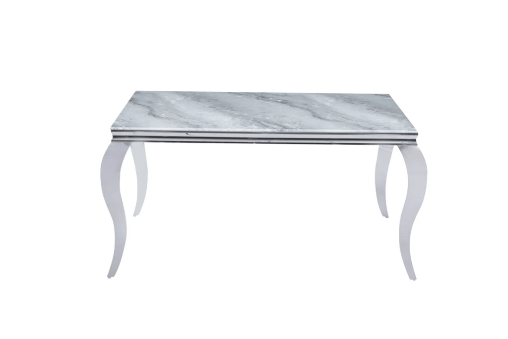 Table Repas Baroque Pieds Chrome Marbre Greige