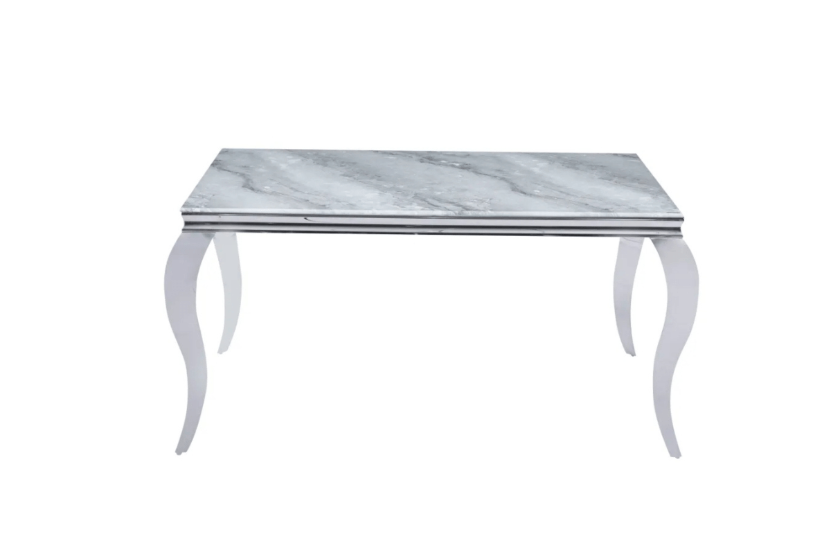 Table Repas Baroque Pieds Chrome Marbre Greige