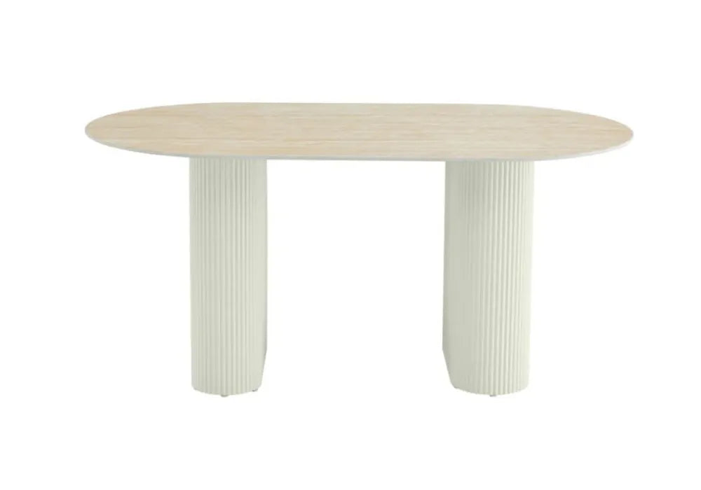 TABLE A MANGER SELENA PIED BEIGE PLATEAU CERAMIQUE TRAVERTIN MAT 180x90cm