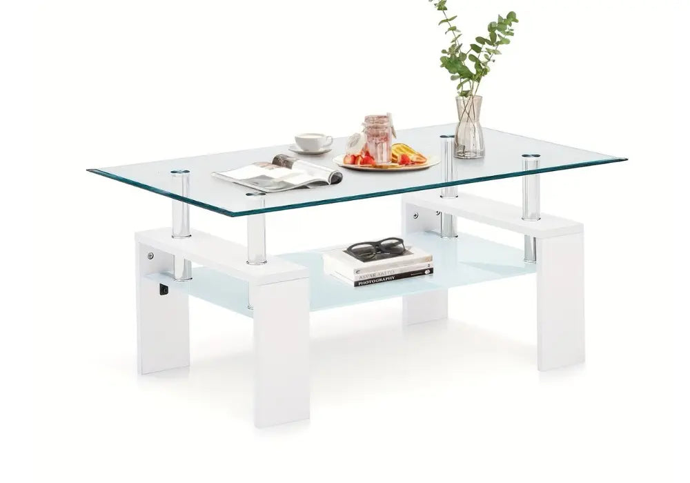 Table basse moderne à deux niveaux en verre trempé avec pieds en MDF noir Swedzo-Meuble