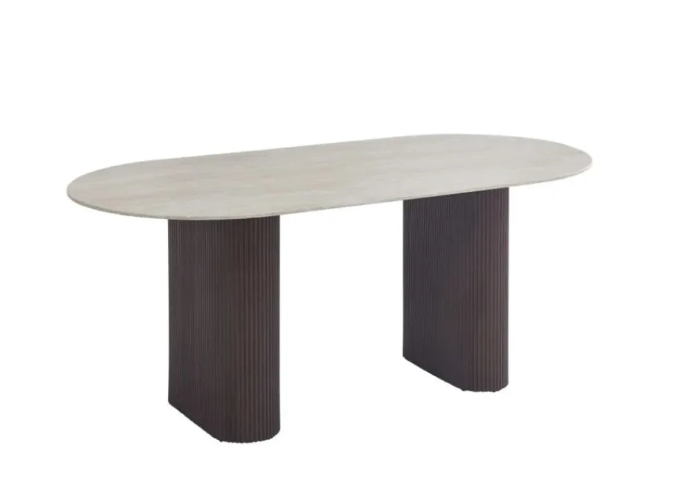 TABLE A MANGER ROXY PIED METAL EFFET NOYER CERAMIQUE TRAVERTIN MAT