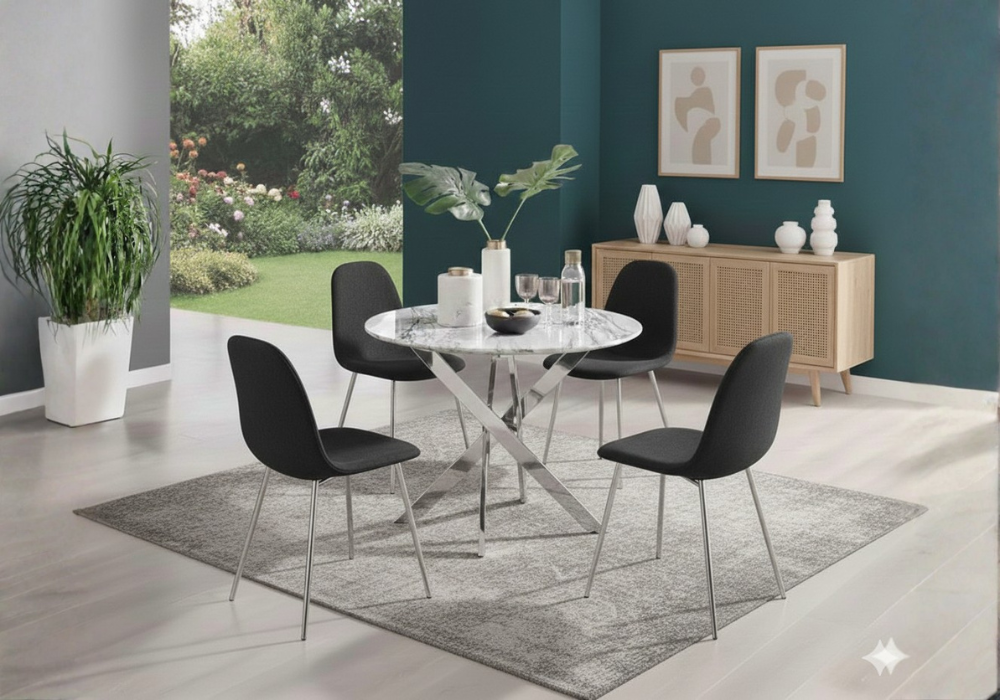 Ronde Table avec chaises avec argent pieds