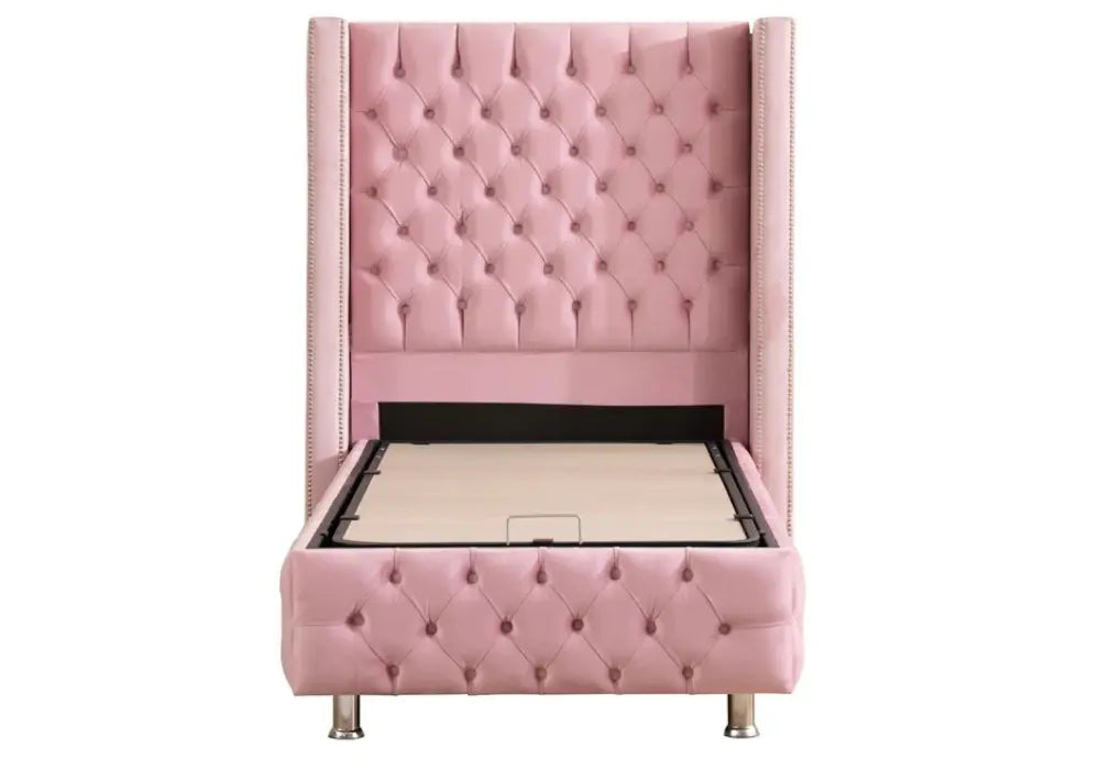 90x190 Lit Coffre Enfant CLOUTE - Velours capitonné Swedzo-Meuble