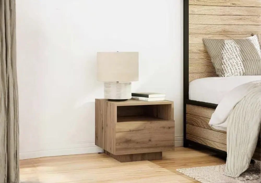 Table de chevet suspendue moderne avec éclairage LED et finition chêne Swedzo-Meuble