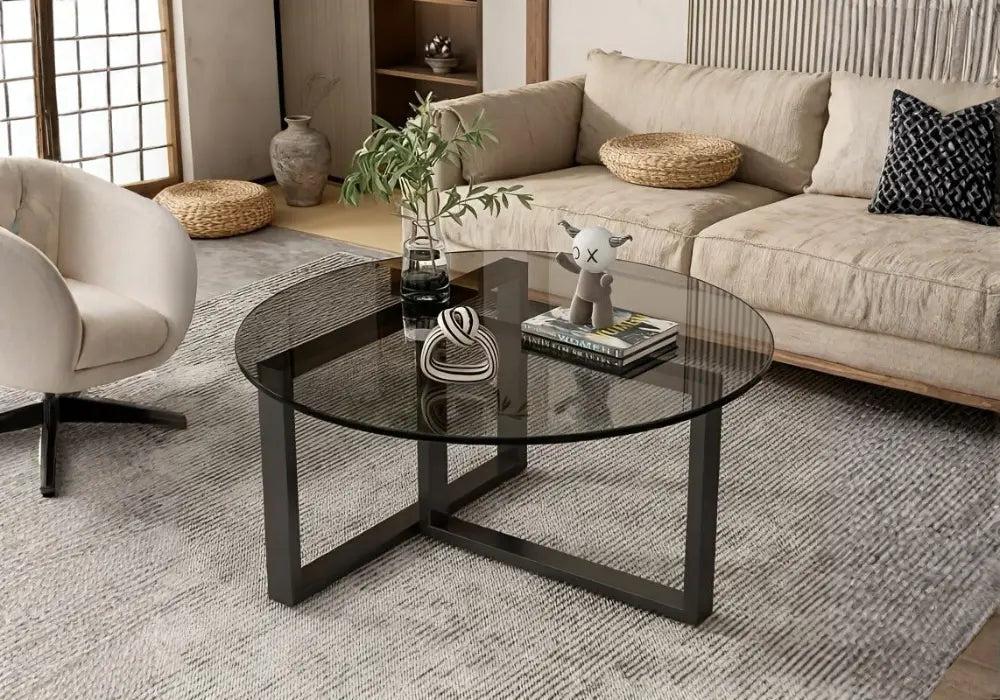 Table basse en verre teinté ambré avec piètement croisé noir mat Swedzo-Meuble