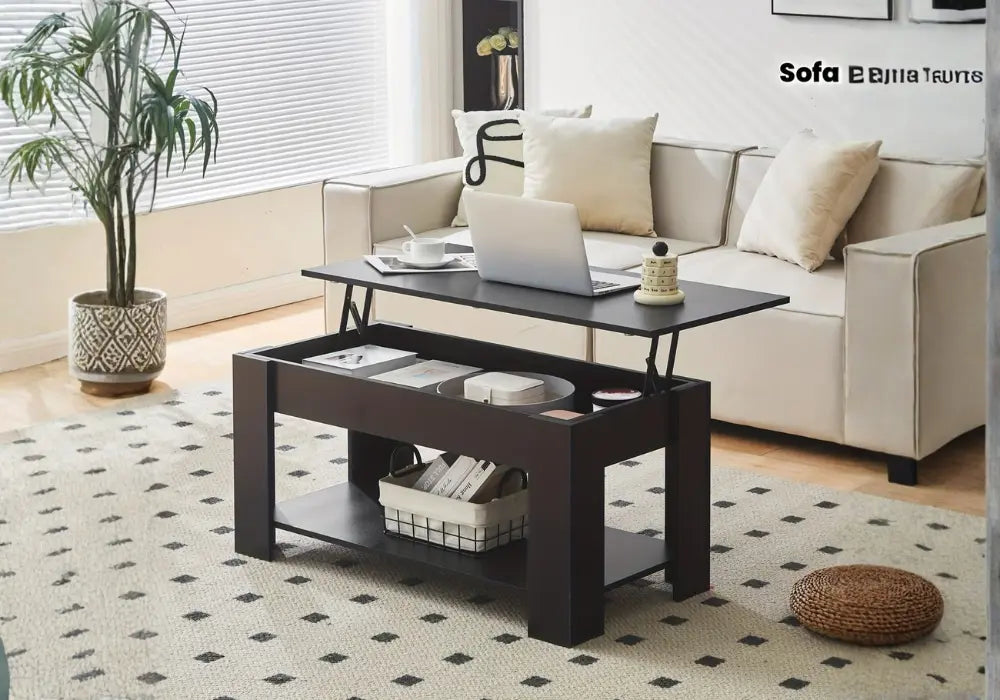 Table basse moderne à plateau relevable avec rangement dissimulé et étagère ouverte Swedzo-Meuble