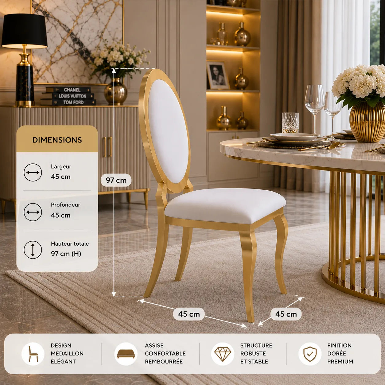4 Chaises Angel Similicuir Pieds Gold