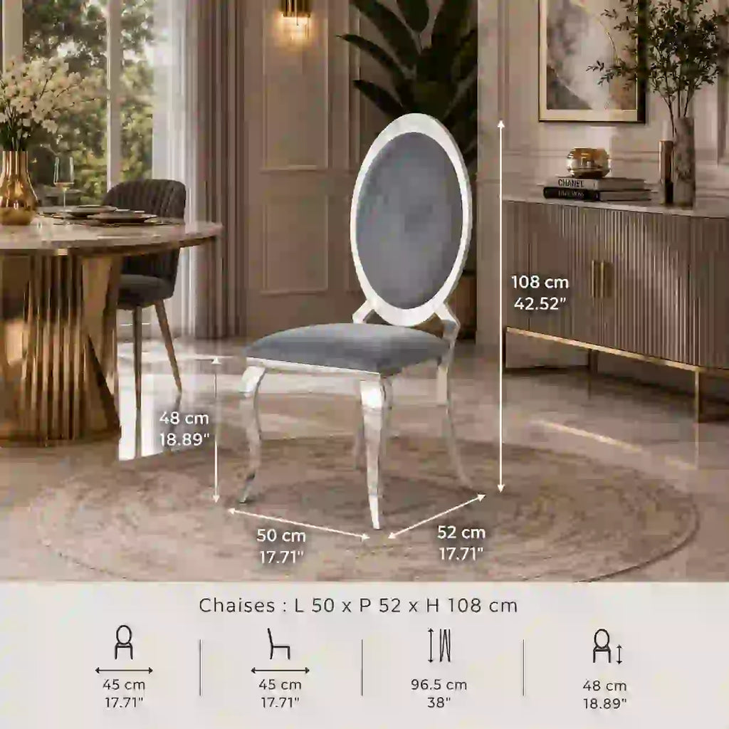 4 Chaises Angel Velours Gris Pieds Chrome