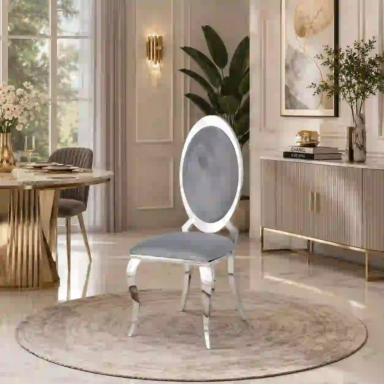 4 Chaises Angel Velours Gris Pieds Chrome
