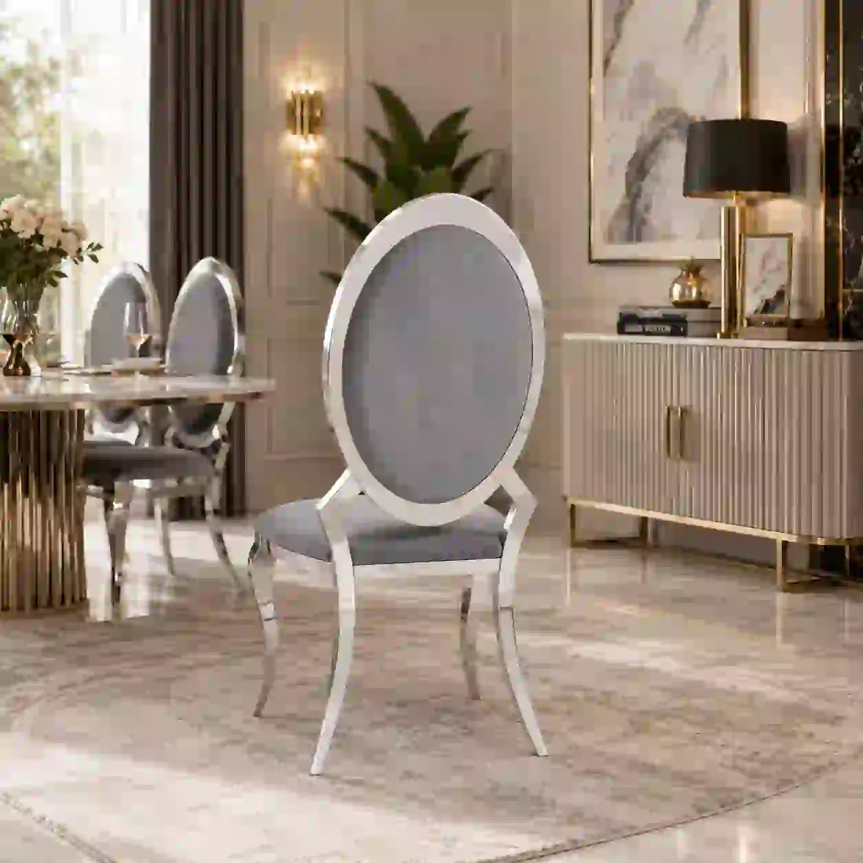 4 Chaises Angel Velours Gris Pieds Chrome