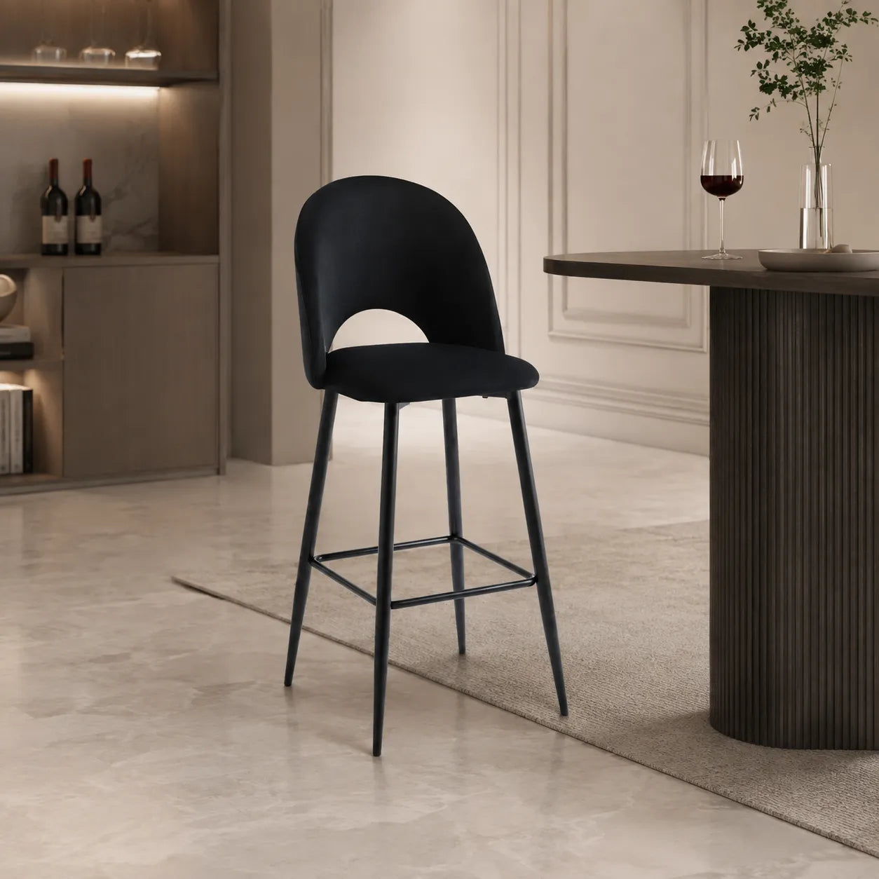 4 Chaises Bar Amelia Laine Bouclee Pied Noir