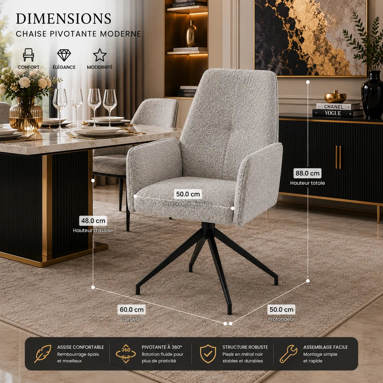 4 Chaises Carrera Metal Noir Tweed Gris Pivotante 360° Anti-Tache