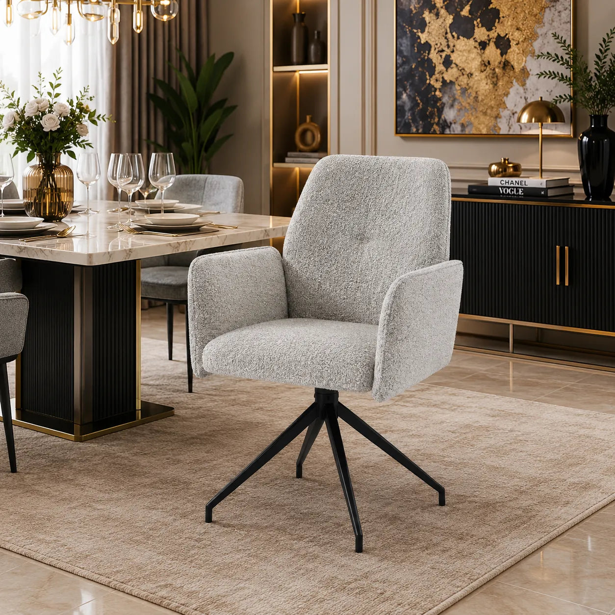 4 Chaises Carrera Metal Noir Tweed Gris Pivotante 360° Anti-Tache