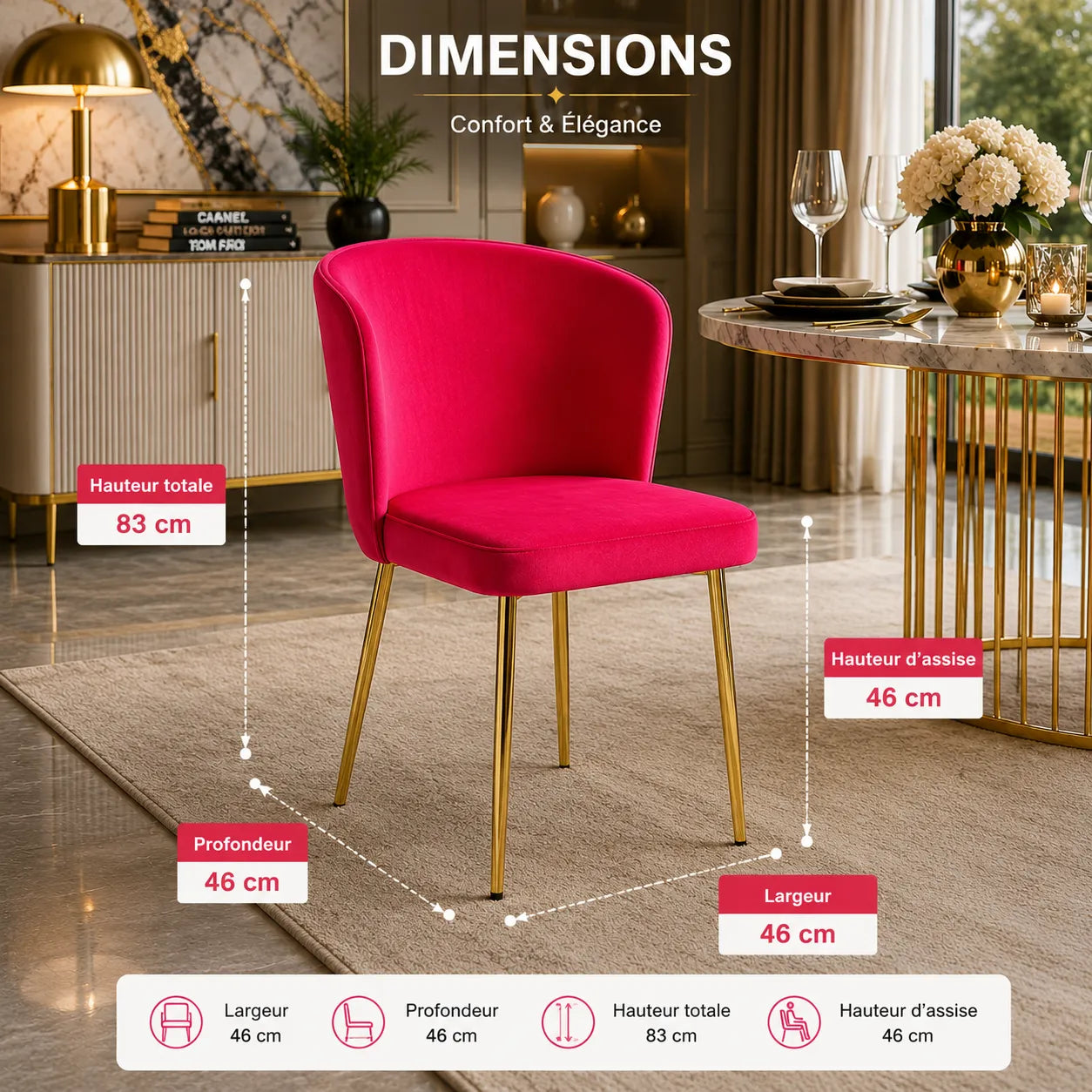 4 Chaises Diana Velours Pieds Gold