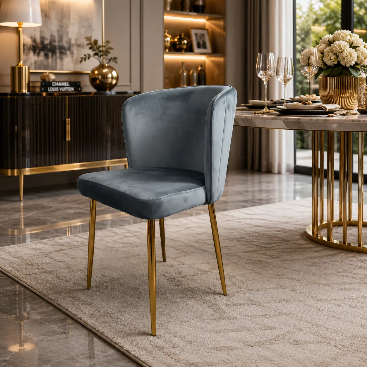 4 Chaises Diana Velours Pieds Gold