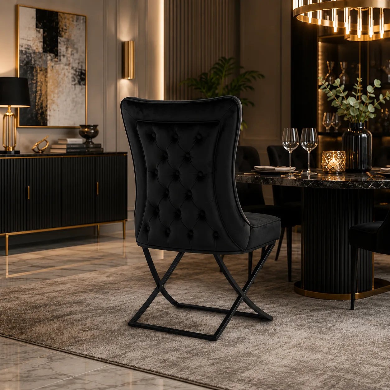 4 Chaises Gabrielle Velours Pieds Metal Noir