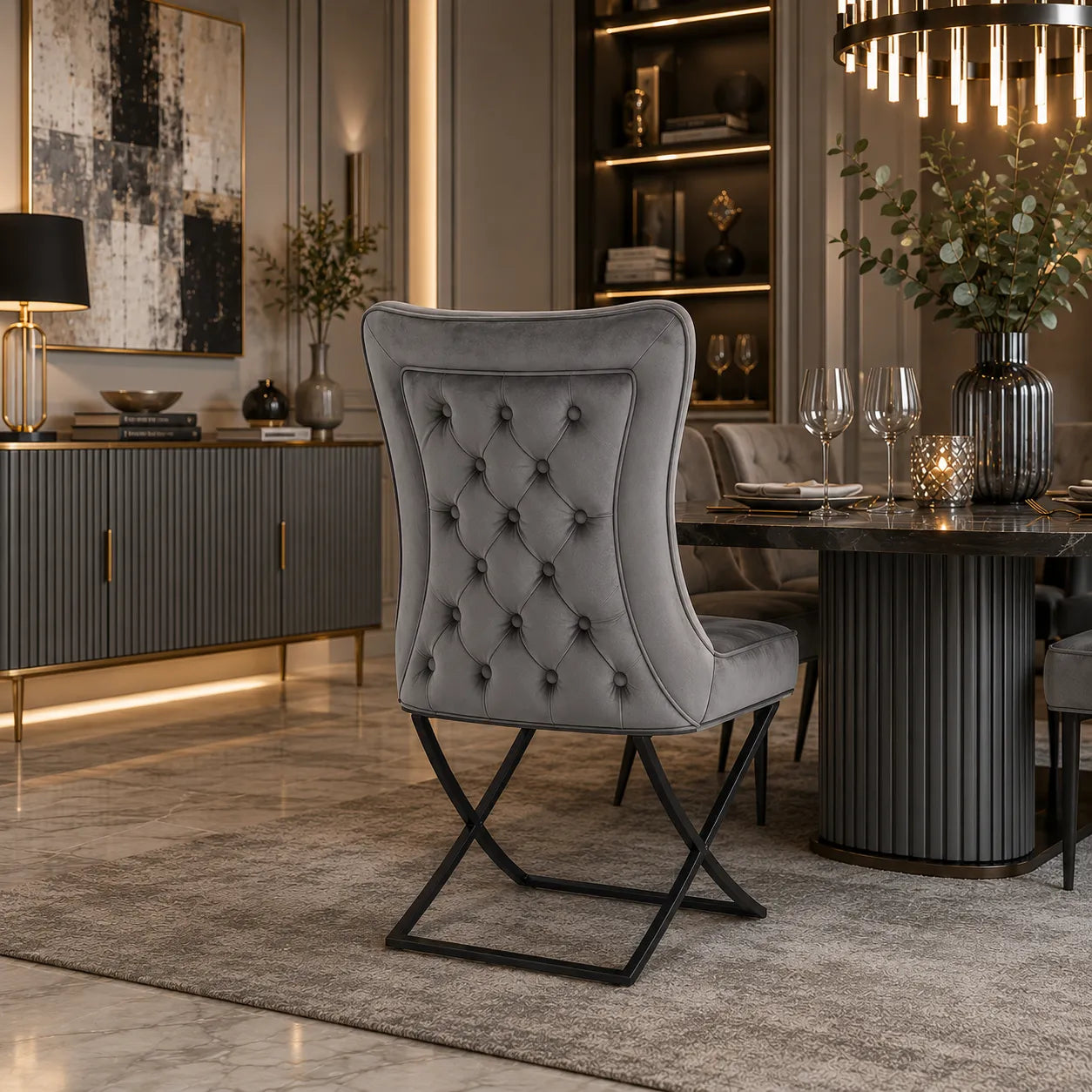 4 Chaises Gabrielle Velours Pieds Metal Noir