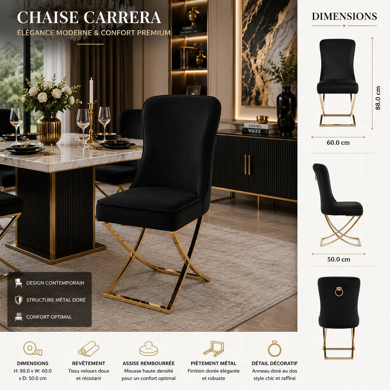 4 Chaises Josephine Pieds Gold