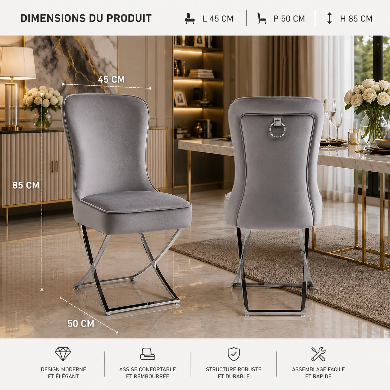 4 Chaises Josephine Pieds Gold