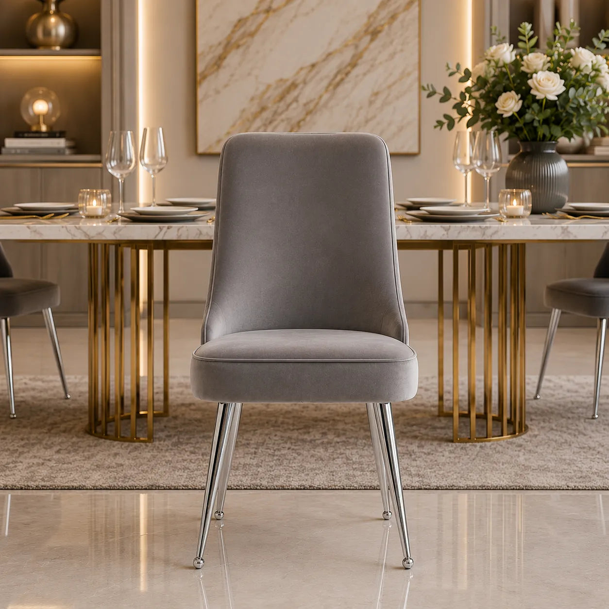 4 Chaises Luxury Velours Pieds Chrome