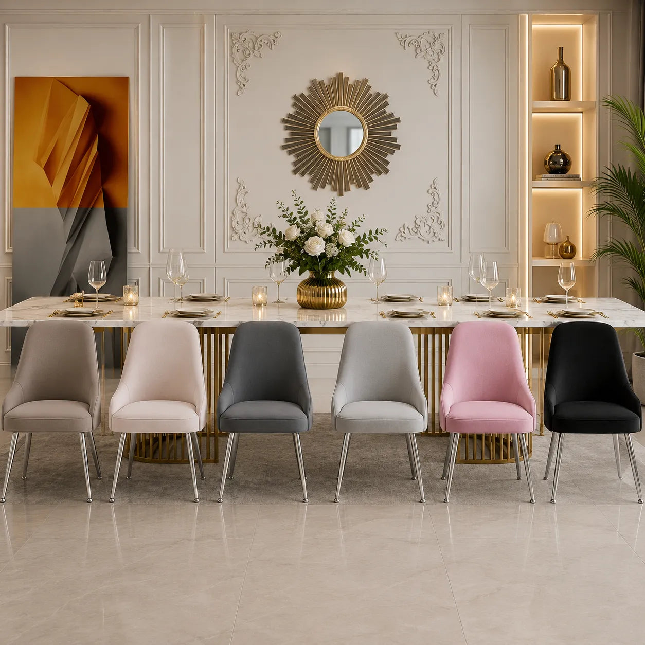 4 Chaises Luxury Velours Pieds Chrome