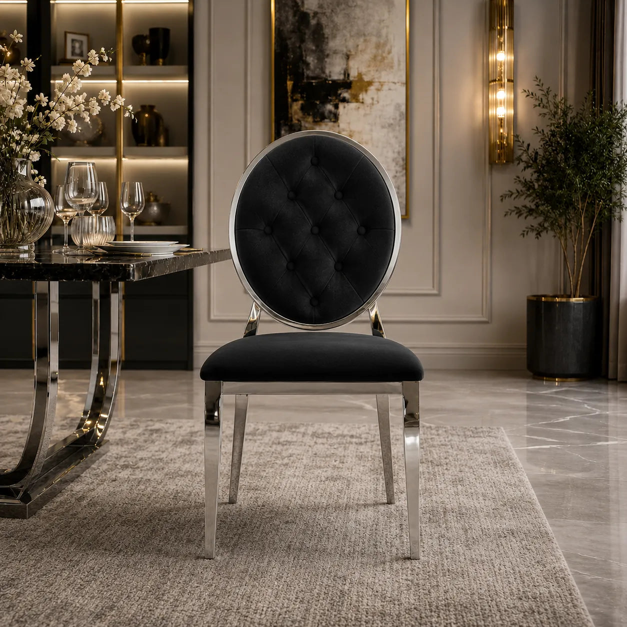 4 Chaises Medaillon Capitonne Velours Noir
