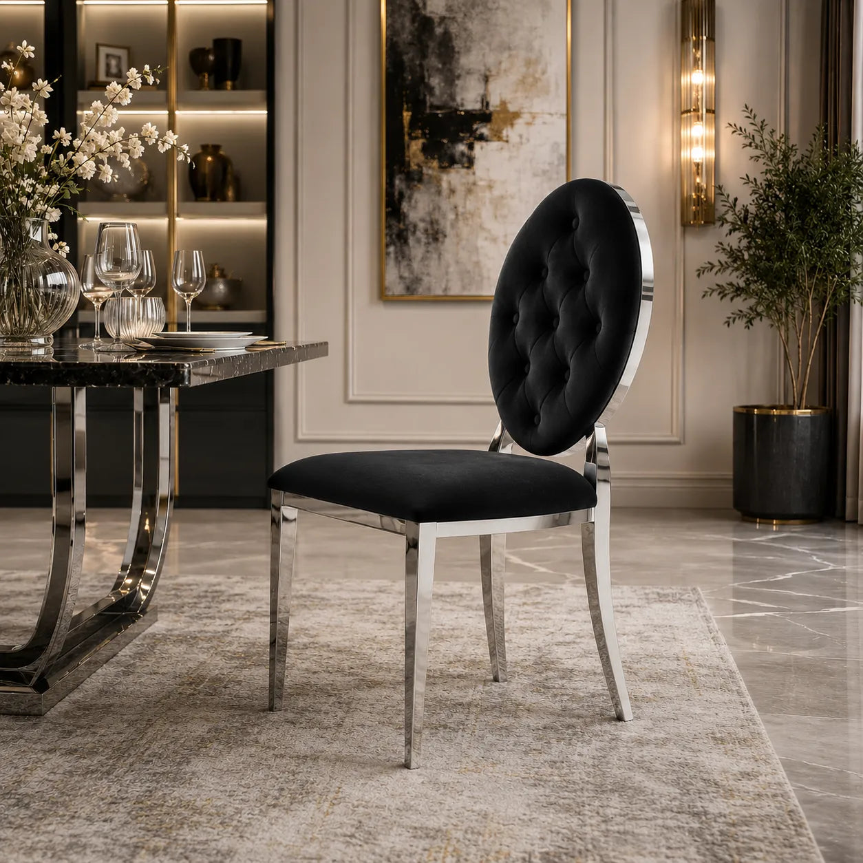 4 Chaises Medaillon Capitonne Velours Noir