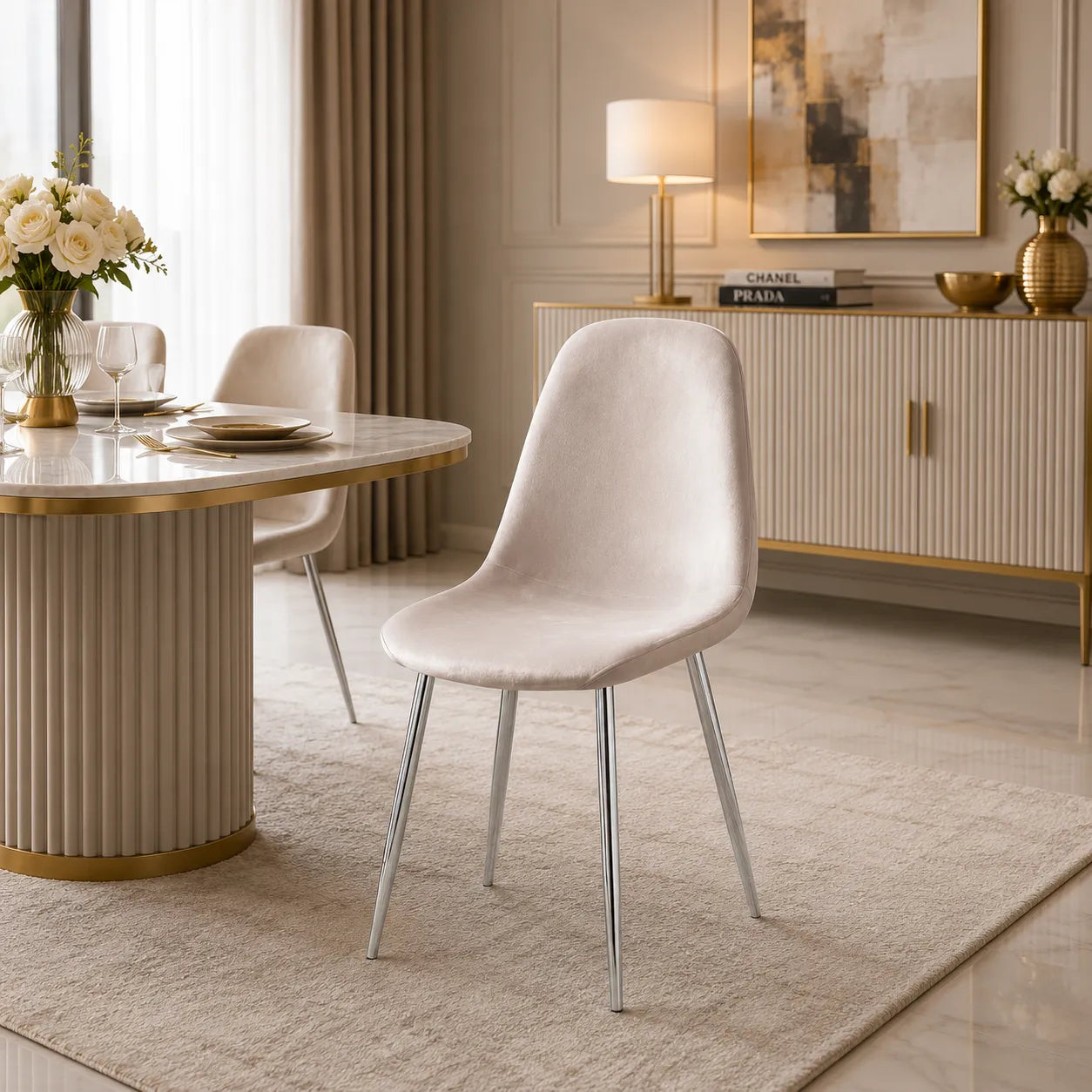 4 Chaises Scandinave Velours Pieds Chrome