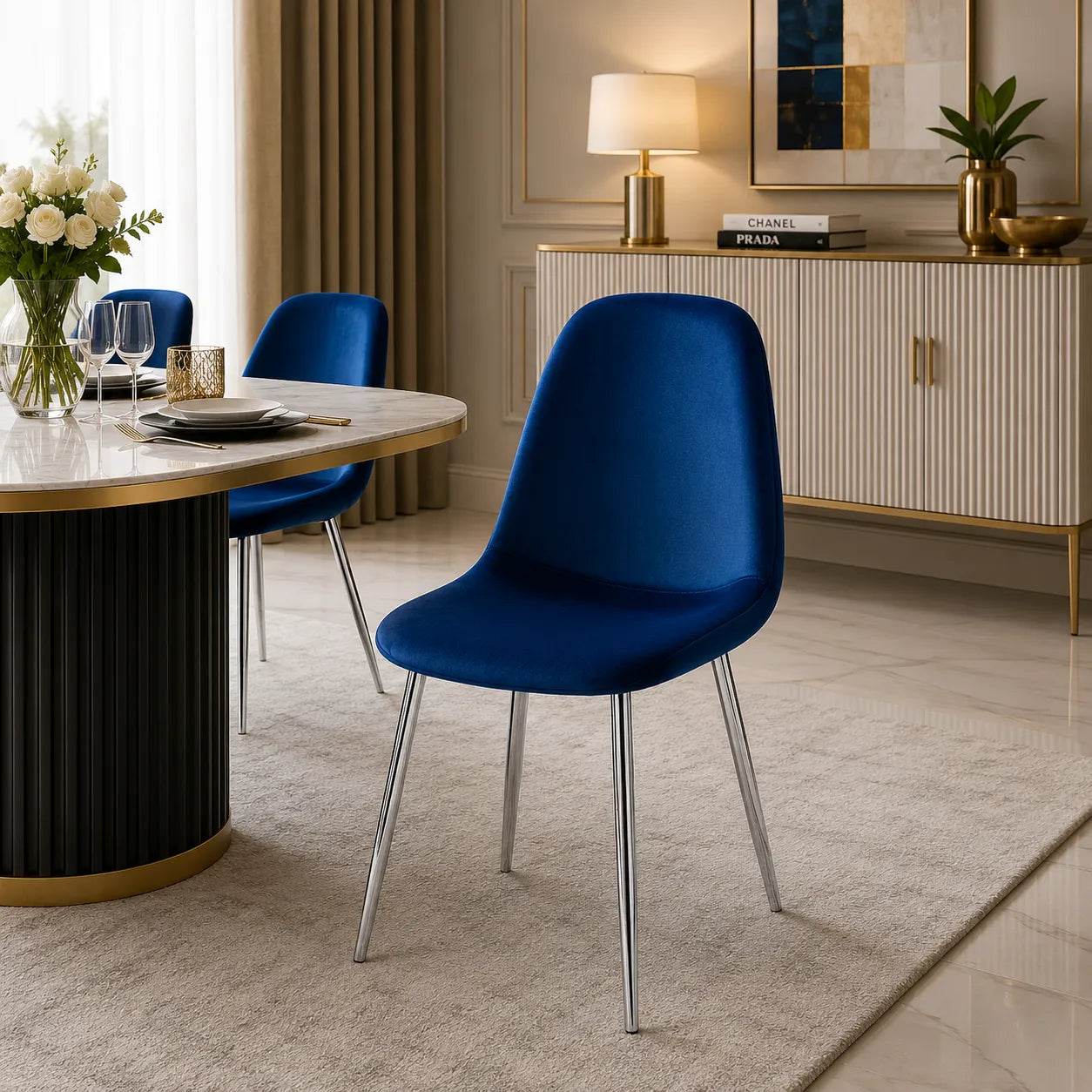 4 Chaises Scandinave Velours Pieds Chrome