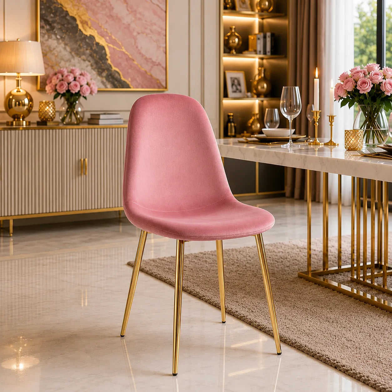 4 Chaises Scandinave Velours Pieds Dore
