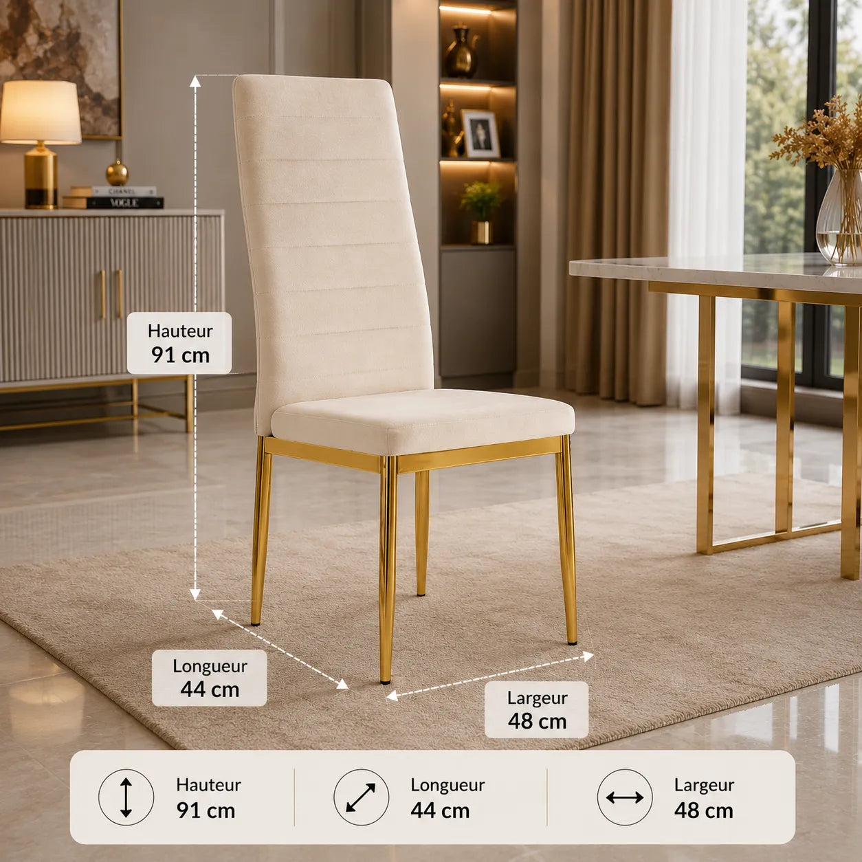 4 Chaises Tolia Velours Pieds Dore