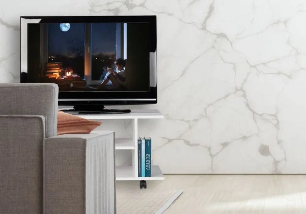 Meuble TV blanc sur roulettes Swedzo-Meuble