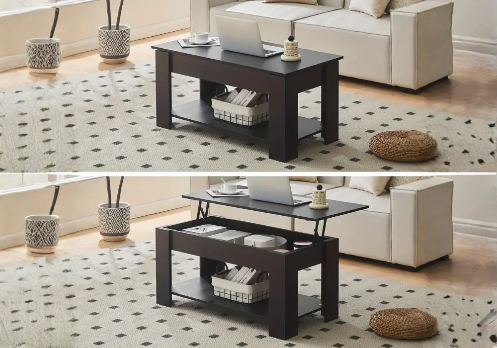 Table basse moderne à plateau relevable avec rangement dissimulé et étagère ouverte Swedzo-Meuble