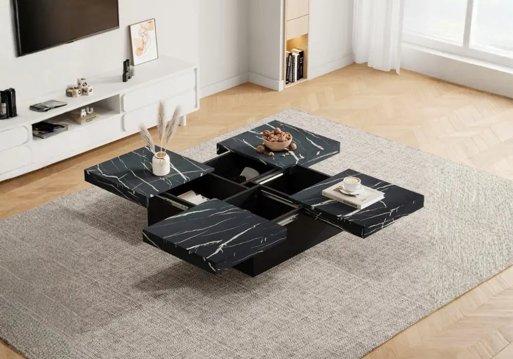 Table Basse de Luxe à 4 Plateaux Coulissants - Effet Marbre Noir Swedzo-Meuble